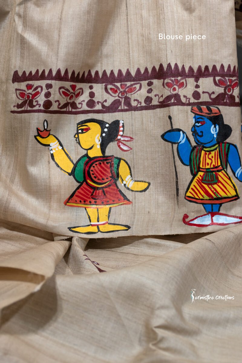 Rangini - Hand-painted patachitra fusing madhubani style on Raghunathpur Tussar - Image 6