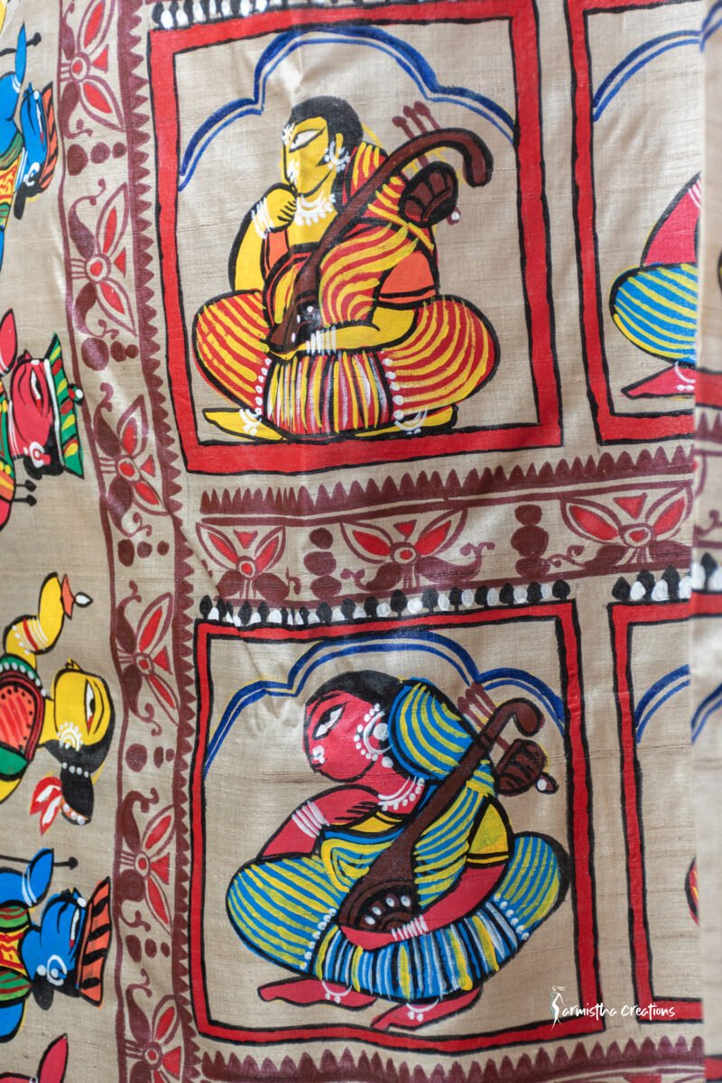 Rangini - Hand-painted patachitra fusing madhubani style on Raghunathpur Tussar - Image 5