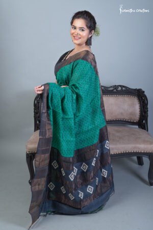 block printed zari tussar saree leaf green