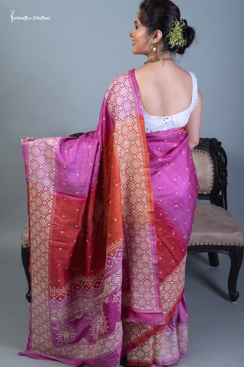 Tussar Kutchwork Saree in Orange and Pink ptkw-001 - Image 3