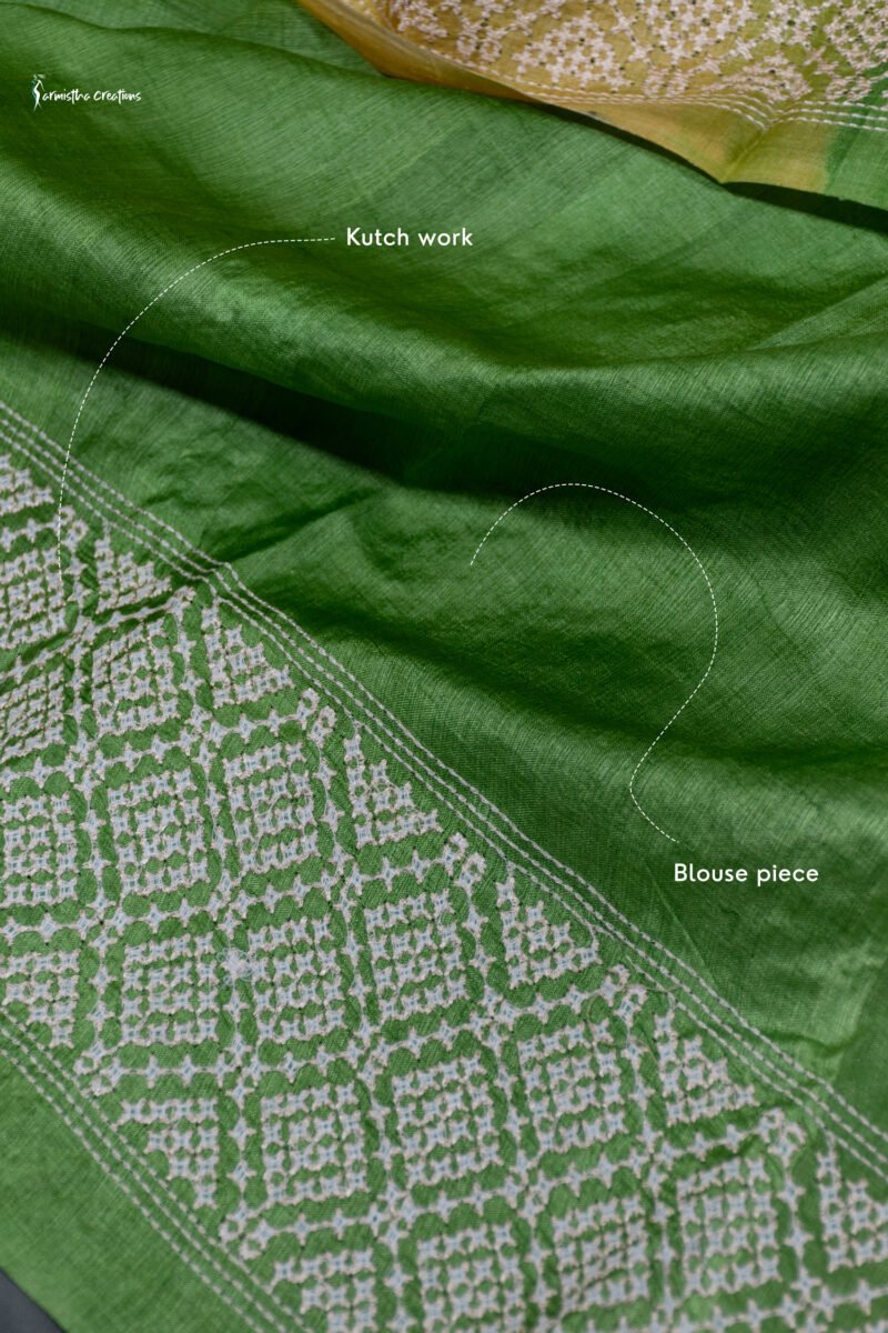 Green and Yellow Tussar Kutchwork Saree ptkw-002 - Image 8