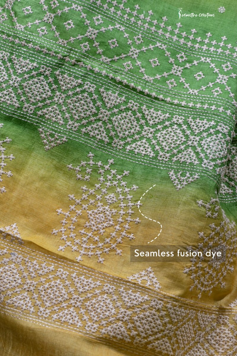 Green and Yellow Tussar Kutchwork Saree ptkw-002 - Image 7