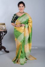 green and yellow tussar kutchwork saree