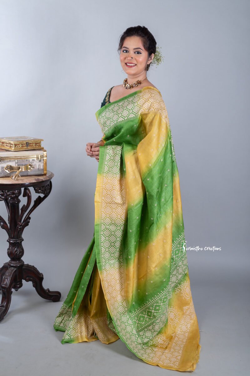 Green and Yellow Tussar Kutchwork Saree ptkw-002 - Image 2