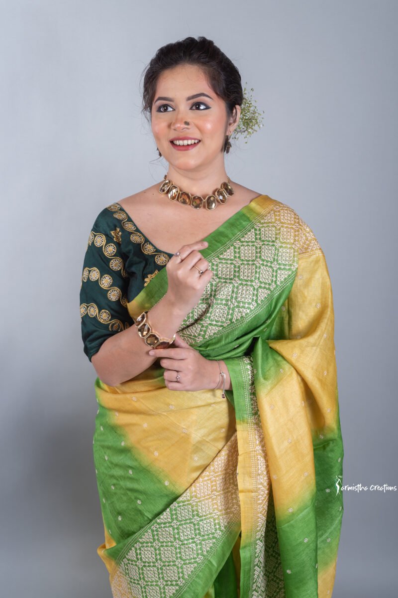 Green and Yellow Tussar Kutchwork Saree ptkw-002 - Image 4