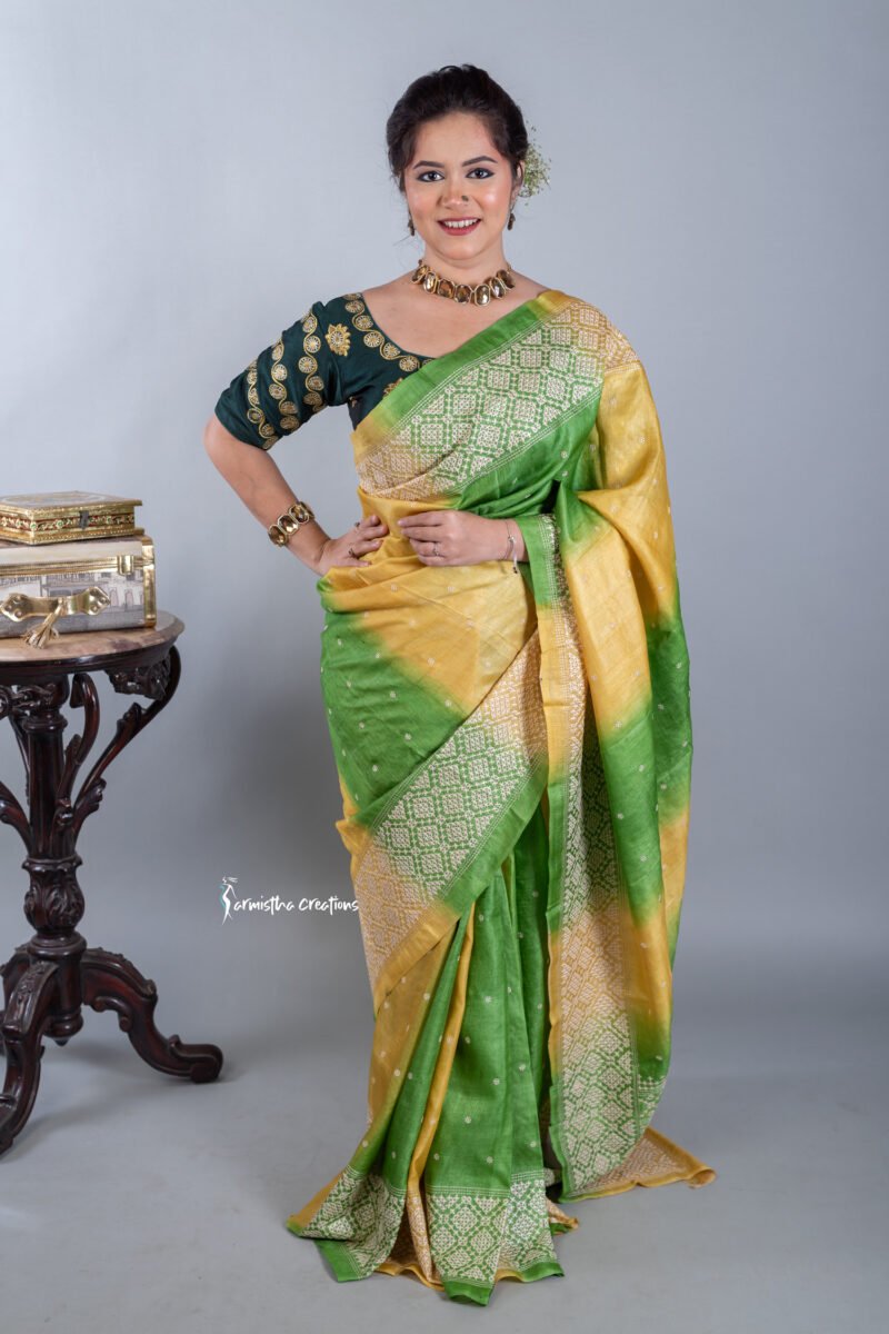 green and yellow tussar kutchwork saree