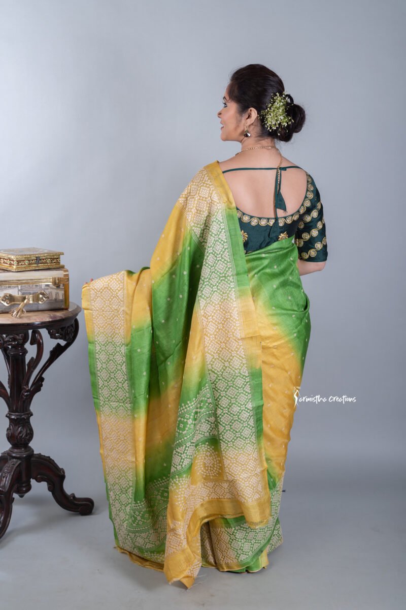 green and yellow tussar kutchwork saree