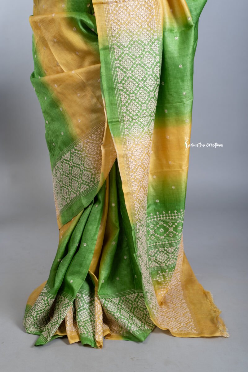 green and yellow tussar kutchwork saree