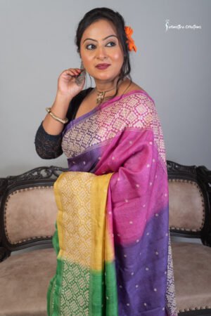 tussar kutchwork saree in multicolour fusion-dye