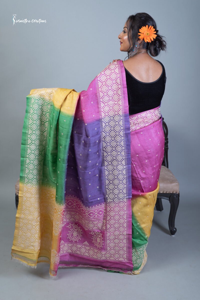 tussar kutchwork saree in multicolour fusion-dye