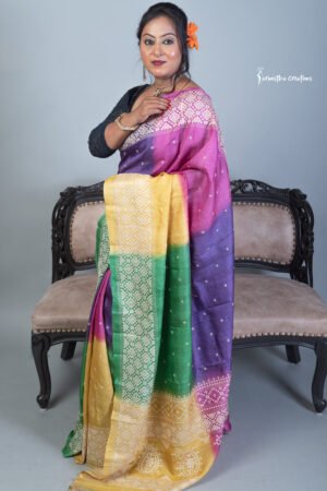 tussar kutchwork saree in multicolour fusion-dye