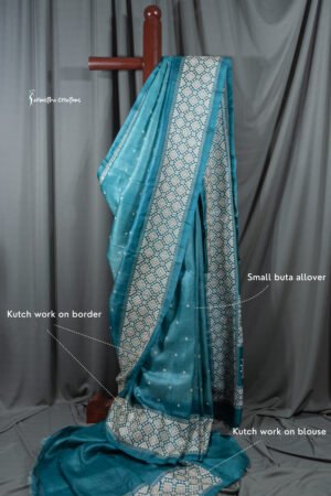 tussar kutchwork saree in teal blue