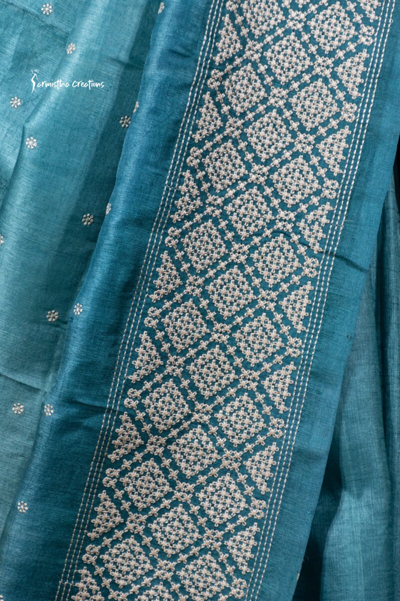 Teal Blue Tussar Kutchwork Saree ptkw-004 - Image 4