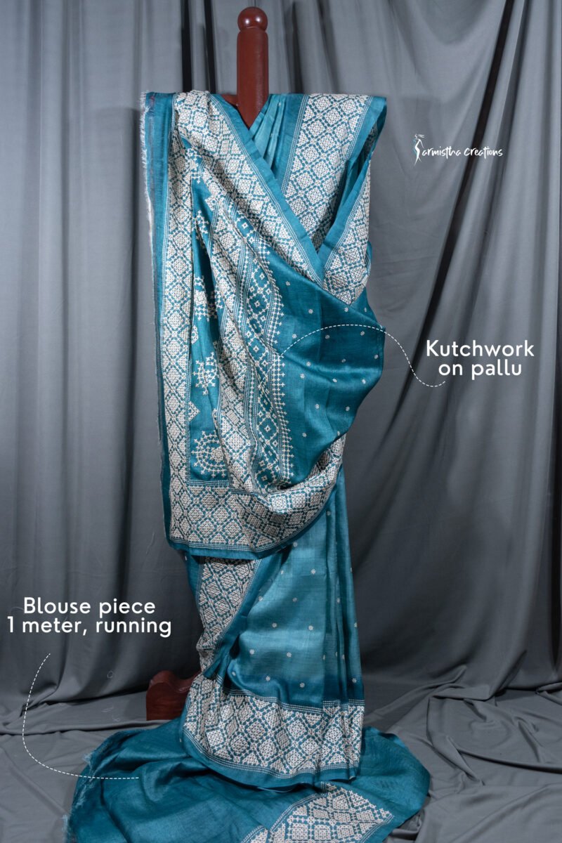 Teal Blue Tussar Kutchwork Saree ptkw-004 - Image 2