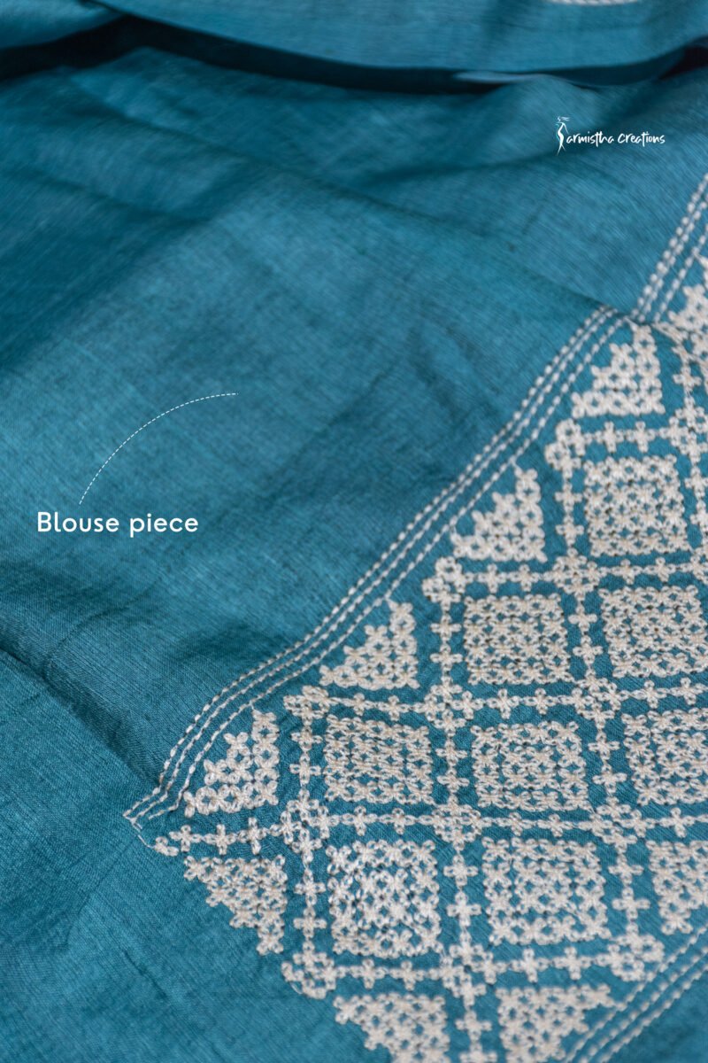 Teal Blue Tussar Kutchwork Saree ptkw-004 - Image 3