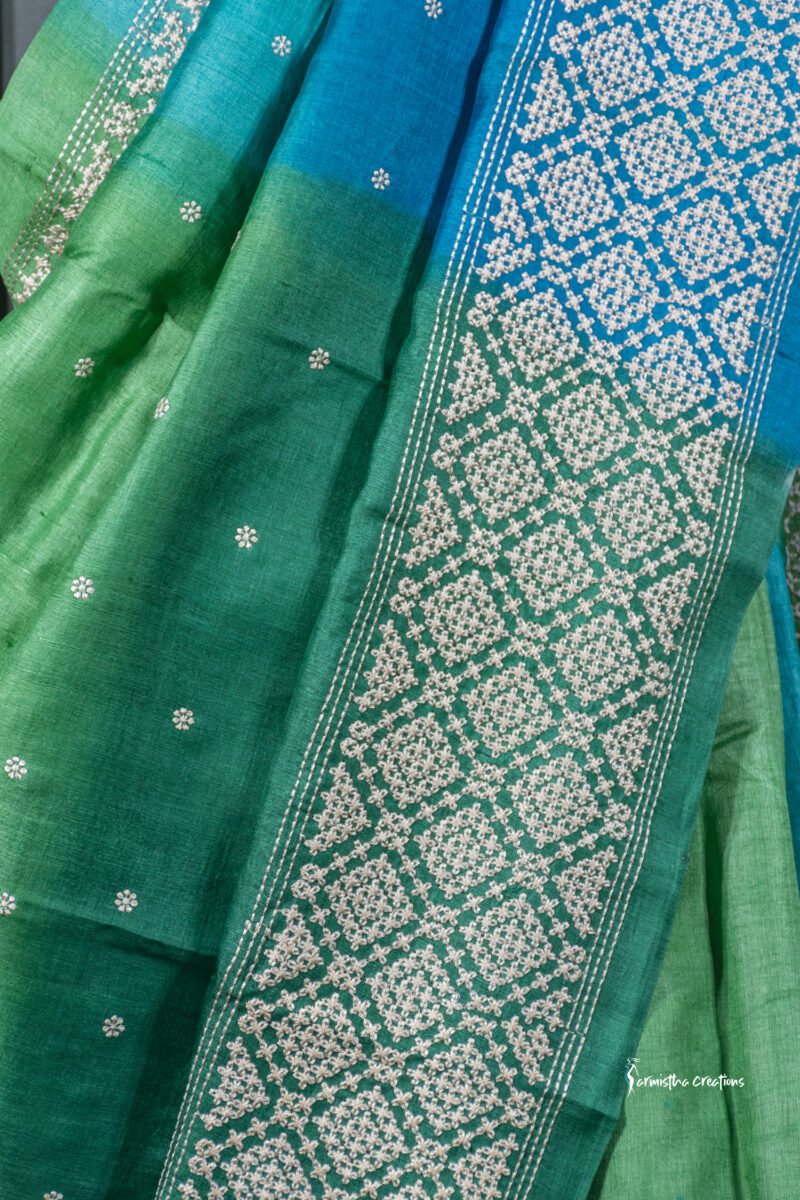 Teal and Green Tussar Kutchwork Saree ptkw-005 - Image 4