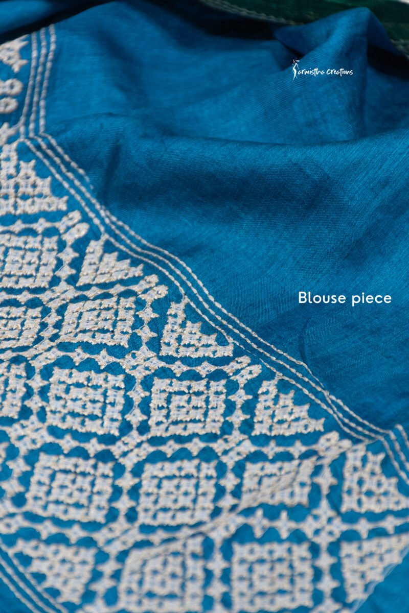 Teal and Green Tussar Kutchwork Saree ptkw-005 - Image 3