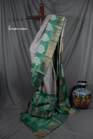 zari border tussar mehendi green