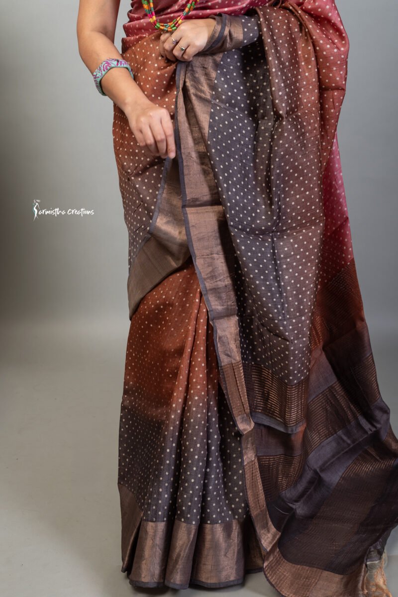 Zari Border Pure Desi Tussar Silk Saree With Hand-Block Printing dtzbhbp-049 - Image 3