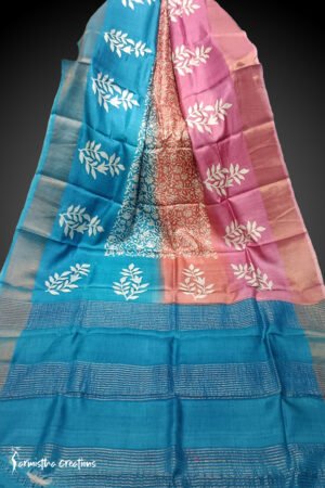 zari border desi tussar silk saree with block printing