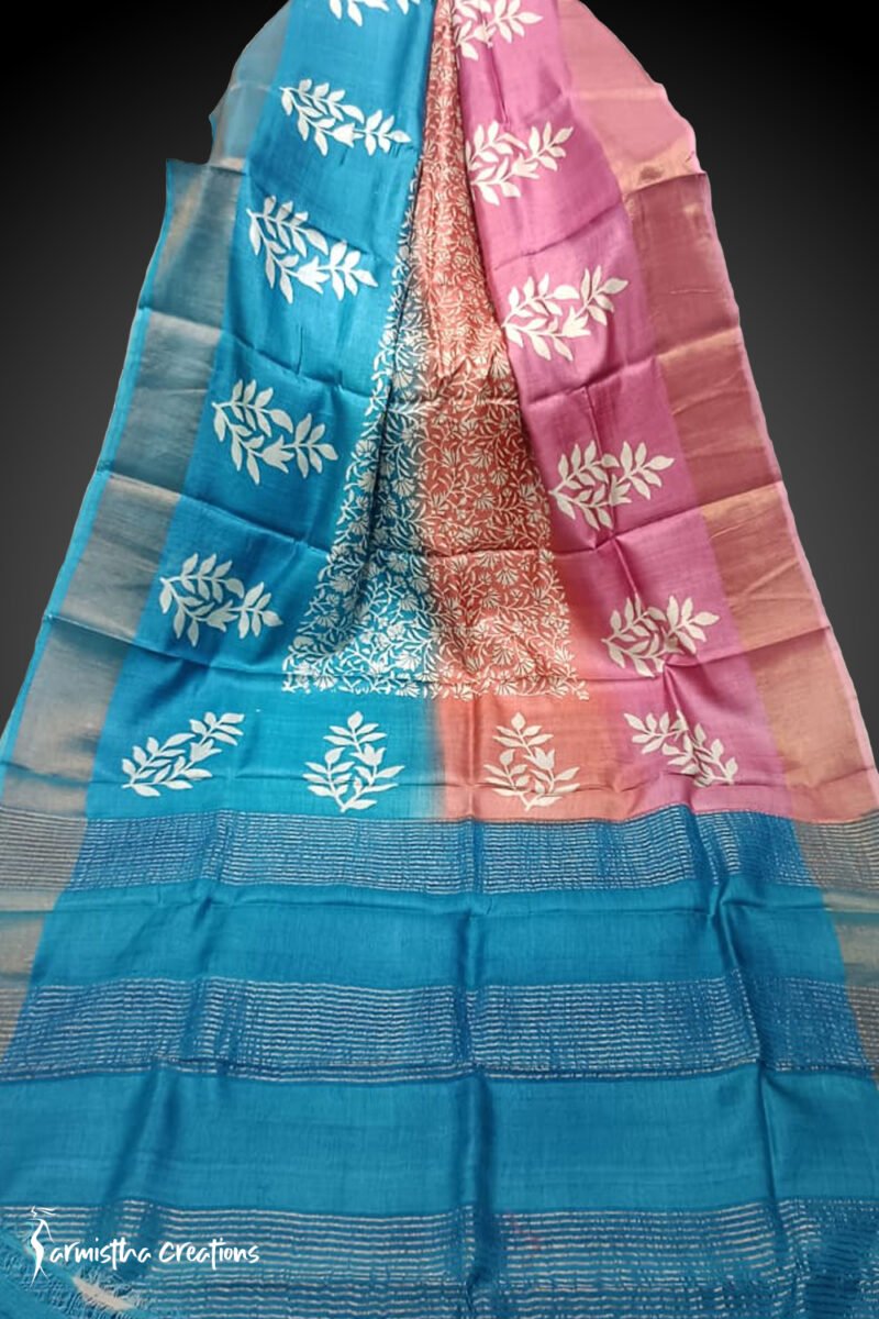 zari border desi tussar silk saree with block printing