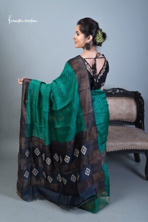 block printed zari tussar saree leaf green