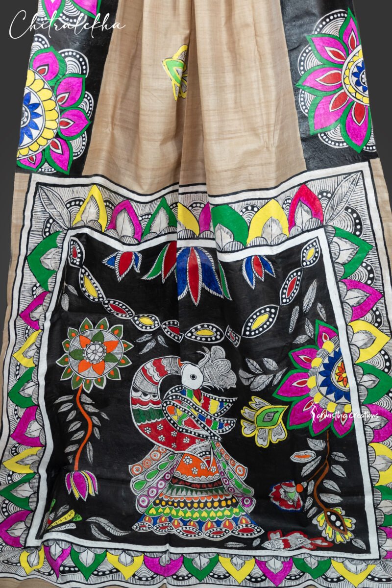 Modhulekha- Hand-painted patachitra fusing madhubani style on Raghunathpur Tussar - Image 6