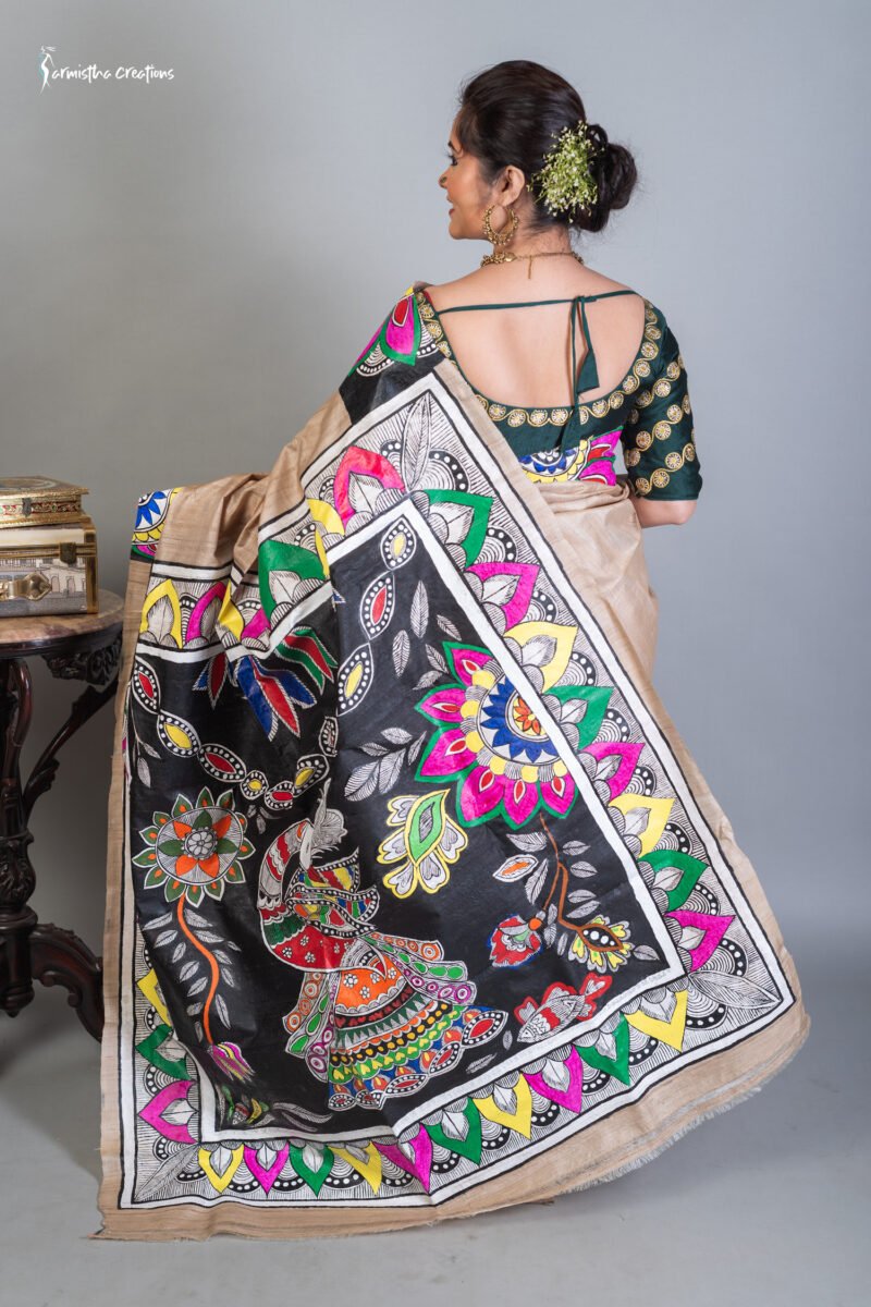 hand-painted raghunathpur tussar sarees featuring a fusion of modhubani and Bengal patachitra