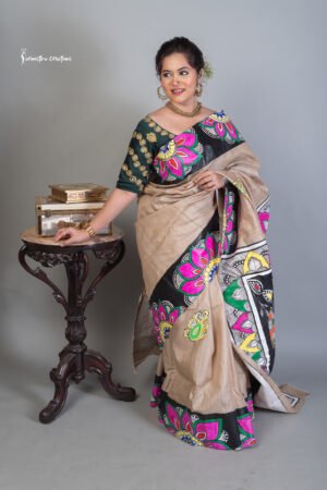 hand-painted raghunathpur tussar sarees featuring a fusion of modhubani and Bengal patachitra