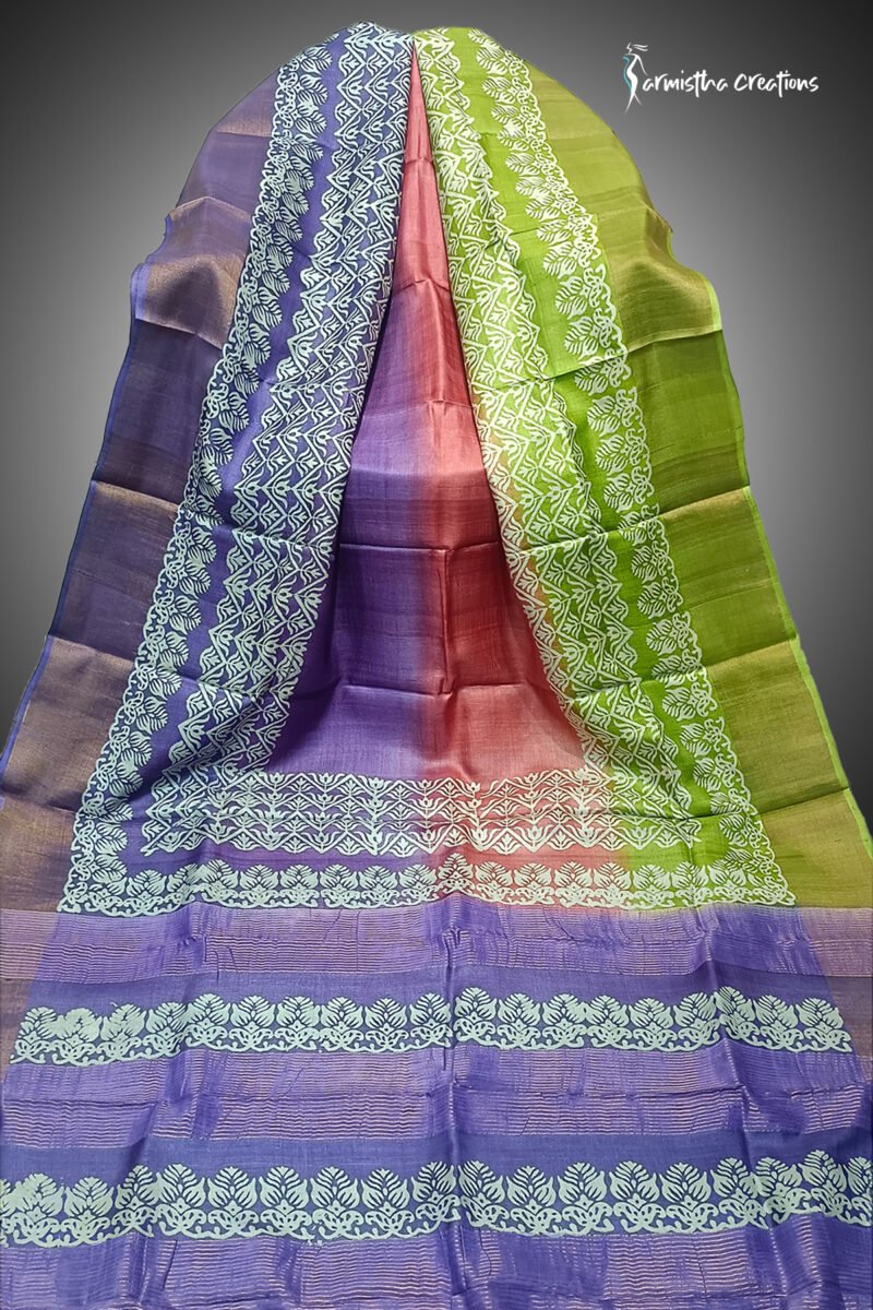 zari border desi tussar silk saree with block printing