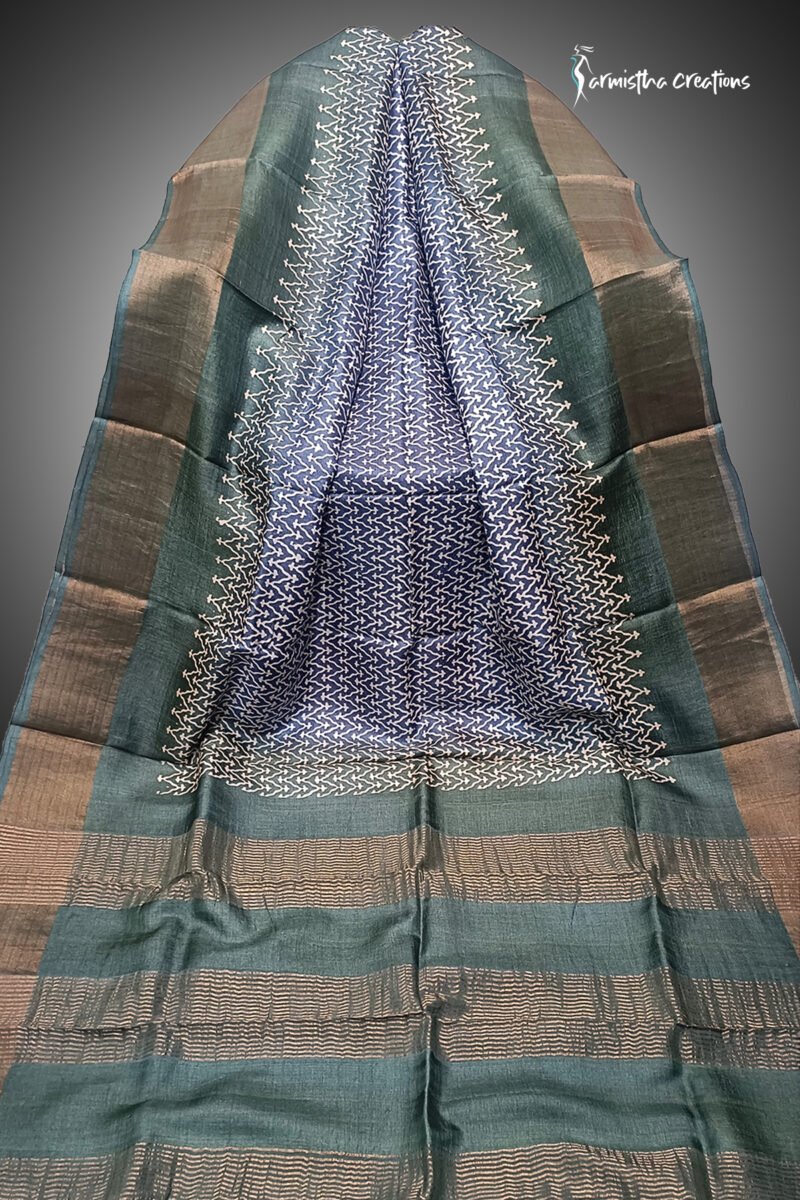 zari border desi tussar silk saree with block printing