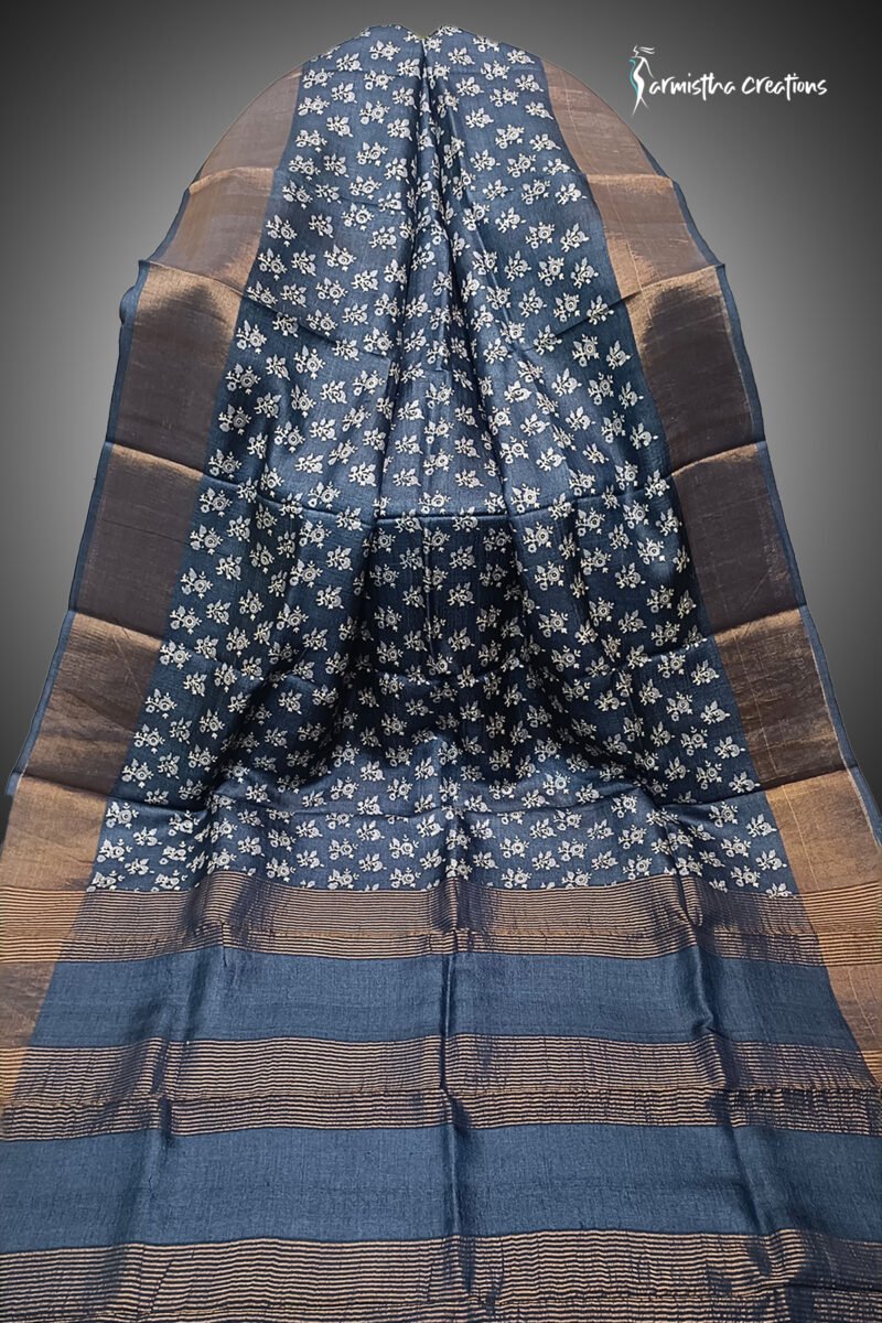 zari border desi tussar silk saree with block printing