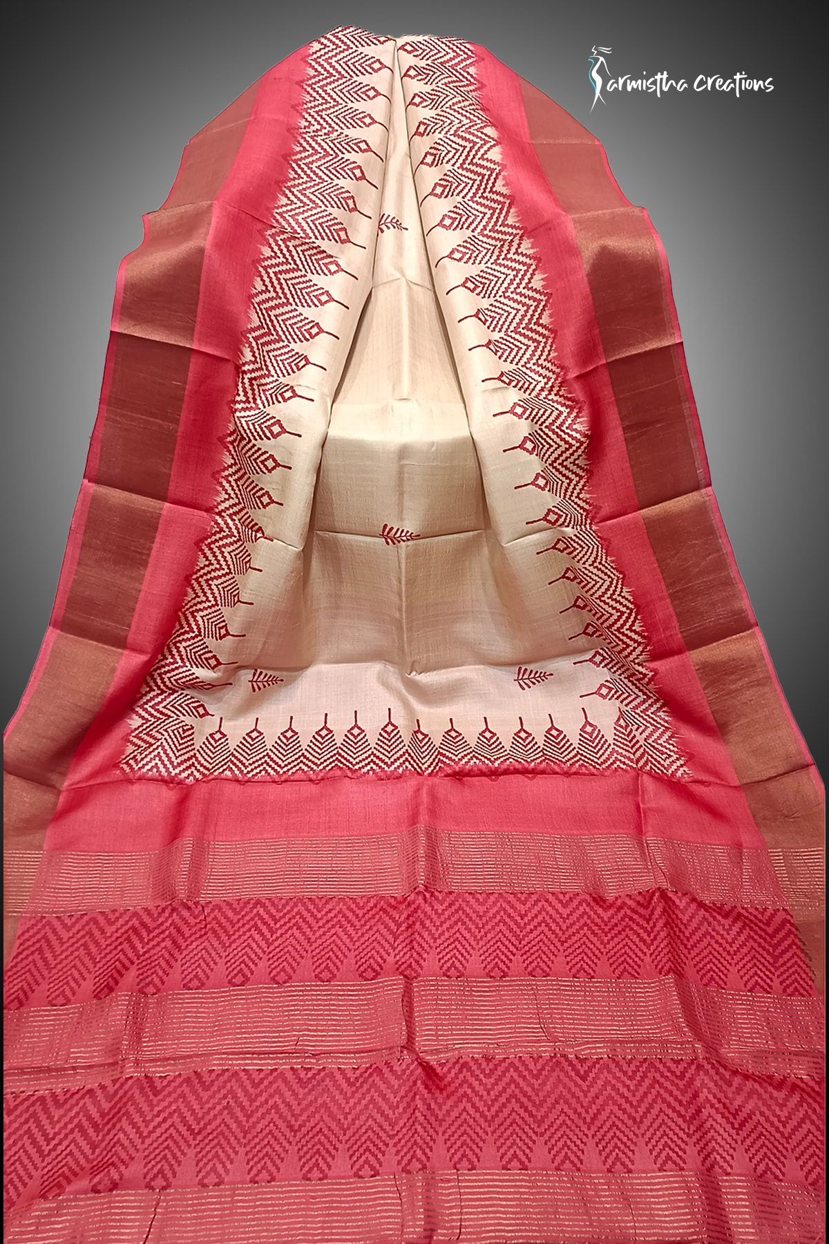 zari border desi tussar silk saree with block printing