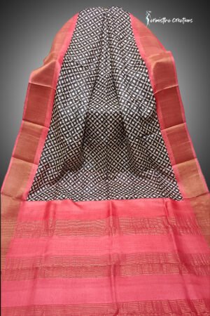 zari border desi tussar silk saree with block printing