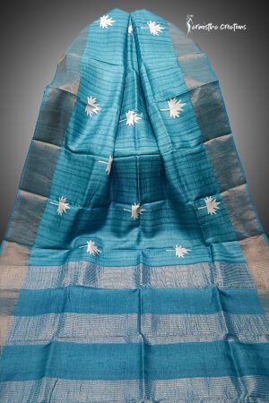 zari border desi tussar silk saree with block printing