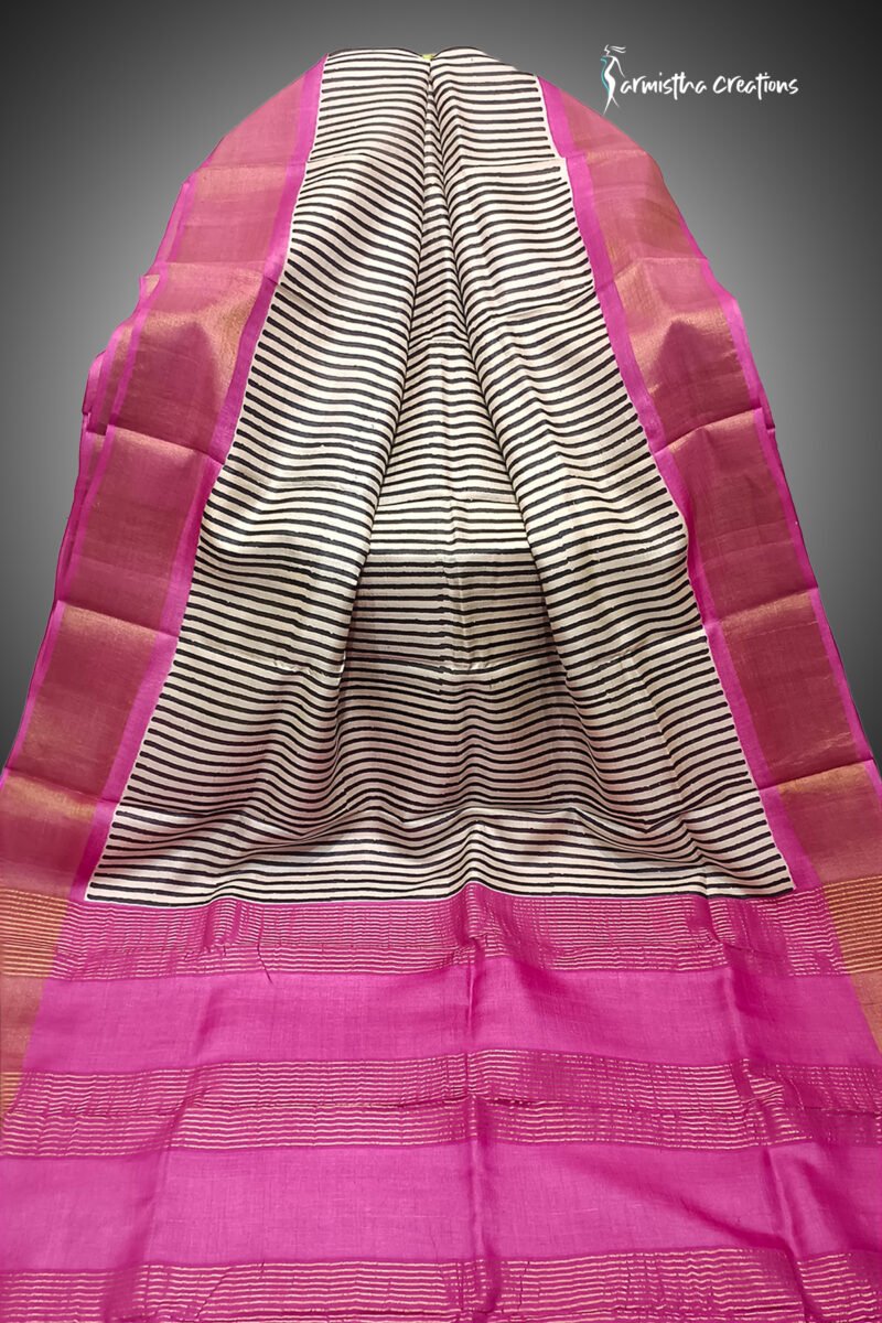 zari border desi tussar silk saree with block printing