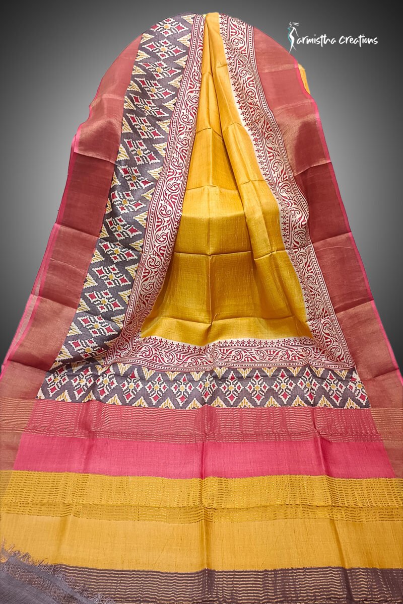 zari border desi tussar silk saree with block printing