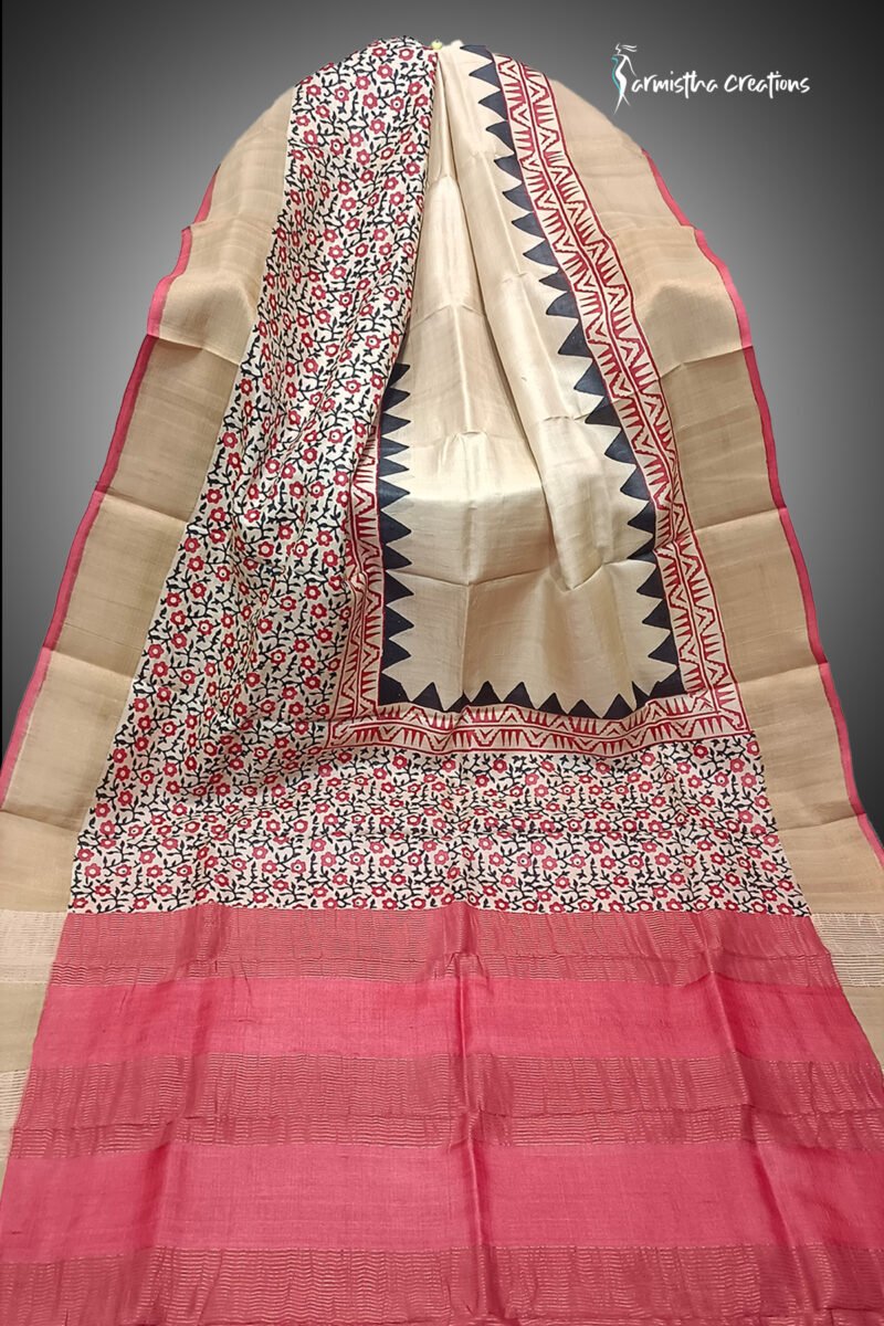 zari border desi tussar silk saree with block printing