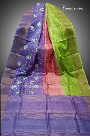 zari border desi tussar silk saree with block printing