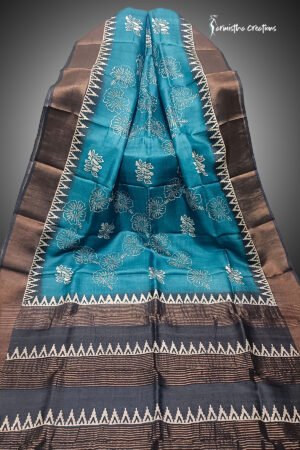 zari border desi tussar silk saree with block printing