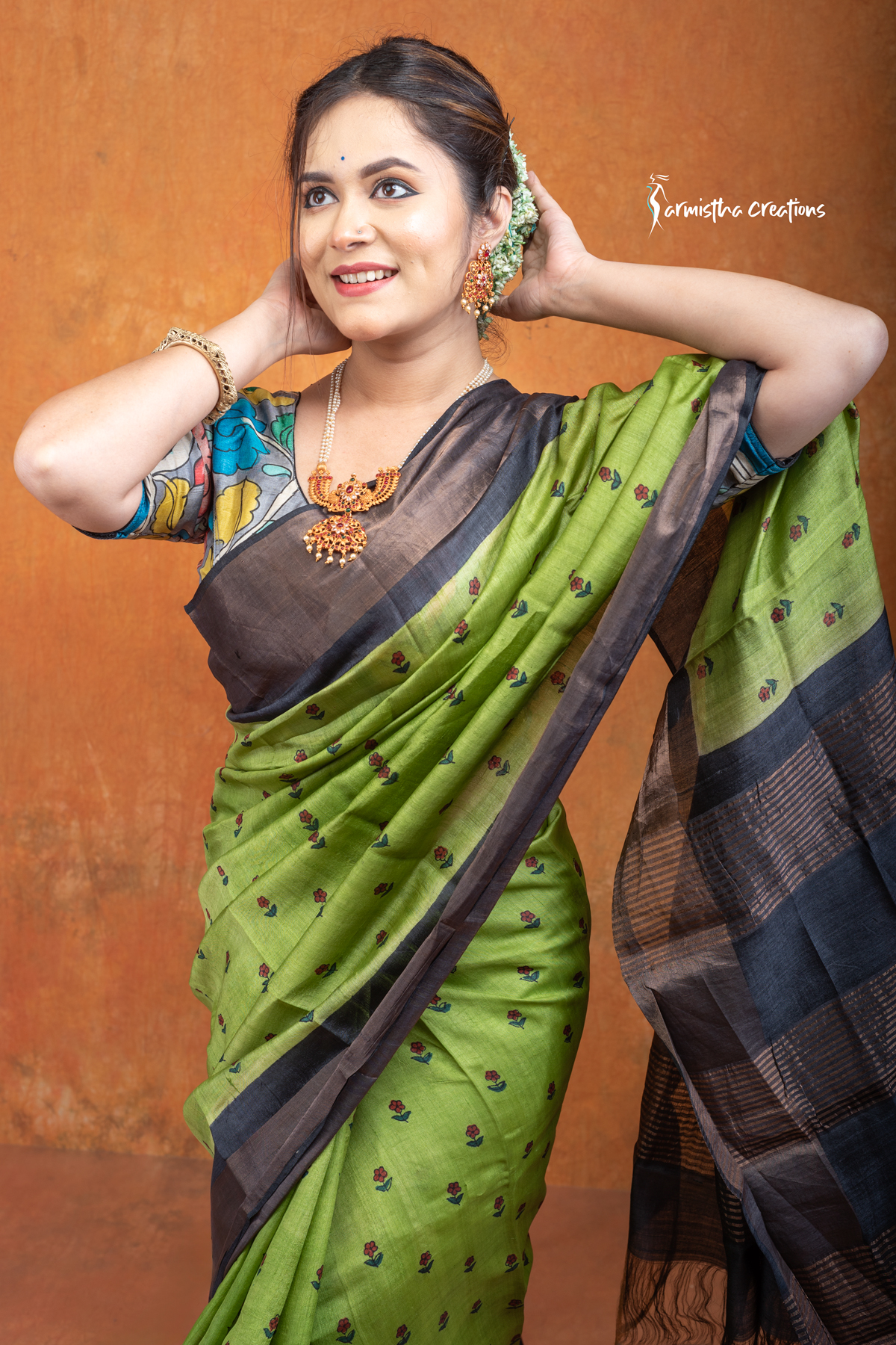 Hand block printed zari border tassar saree with Silk Mark certification.