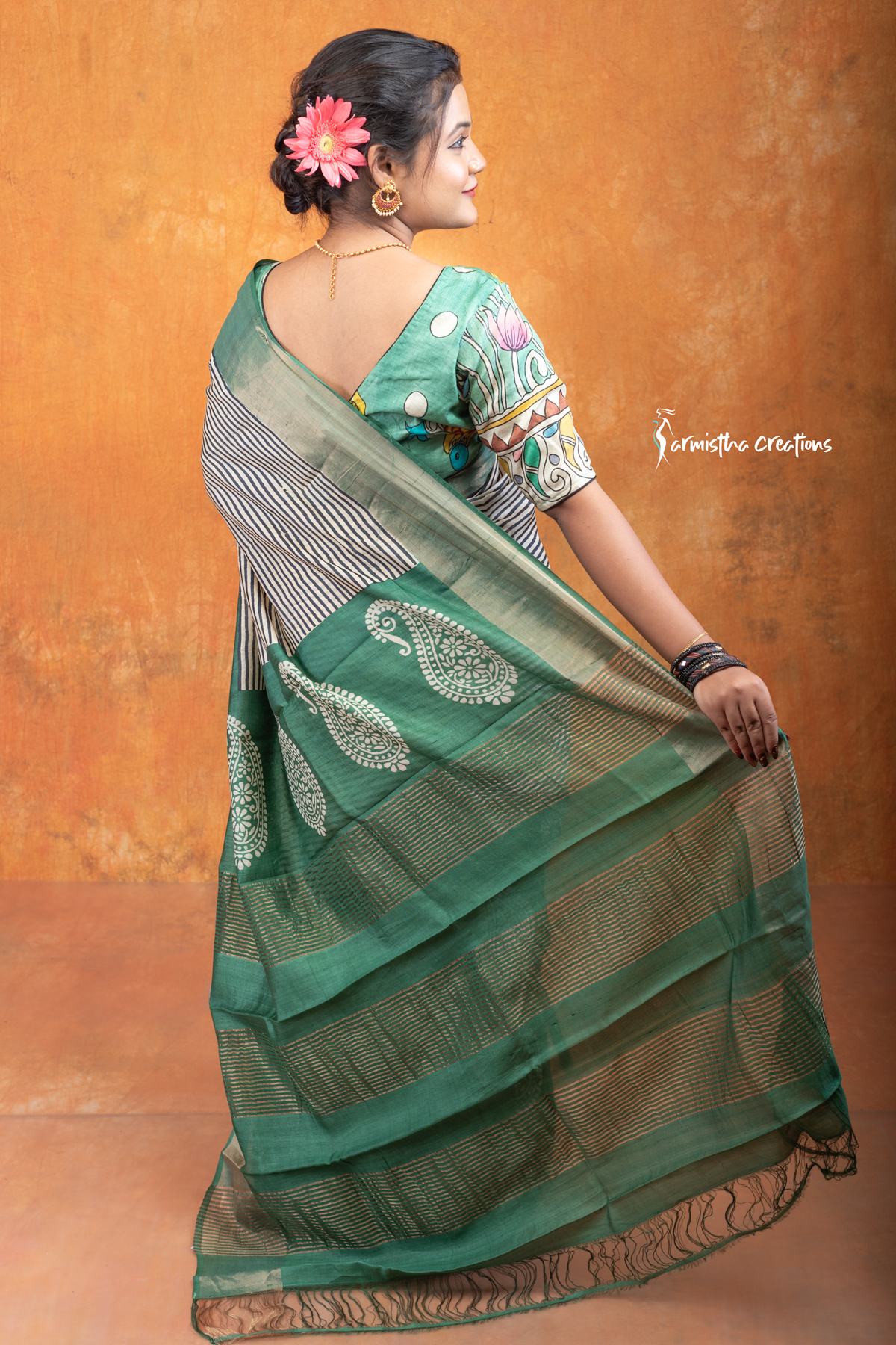 Hand block printed zari border tassar saree with Silk Mark certification.