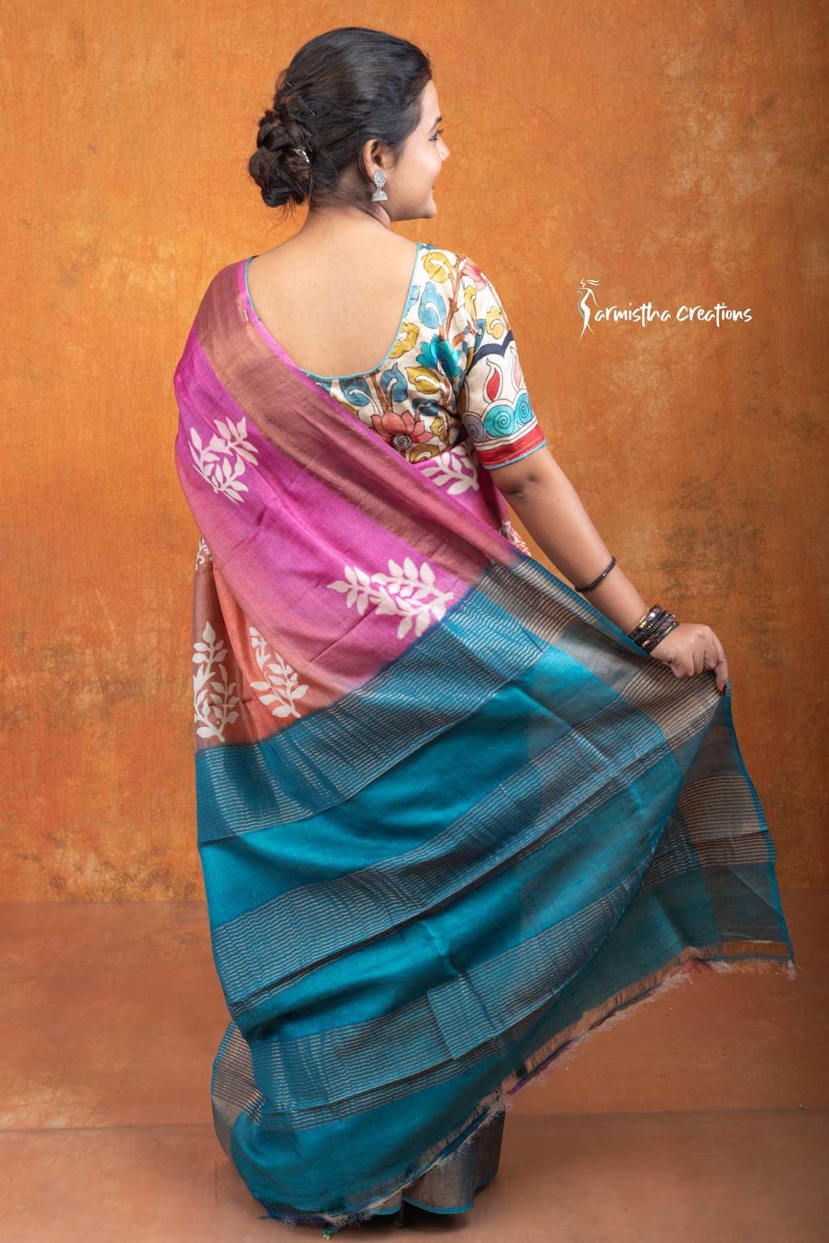 zari border desi tussar silk saree with block printing