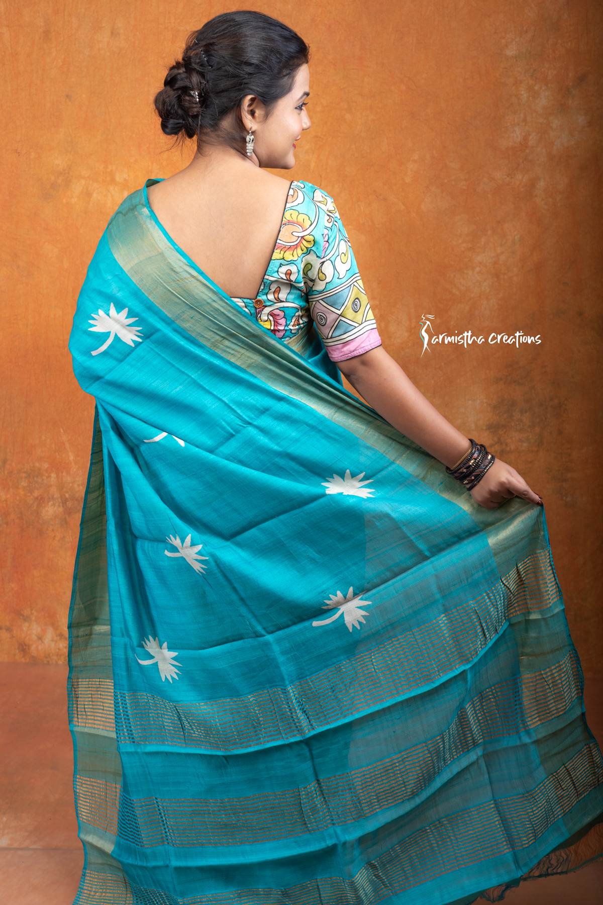 zari border desi tussar silk saree with block printing