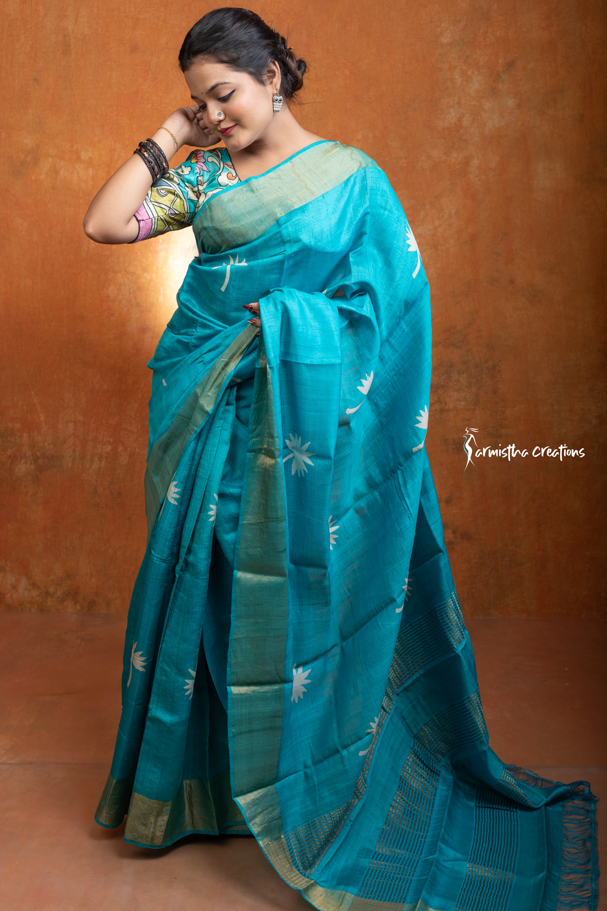 zari border desi tussar silk saree with block printing