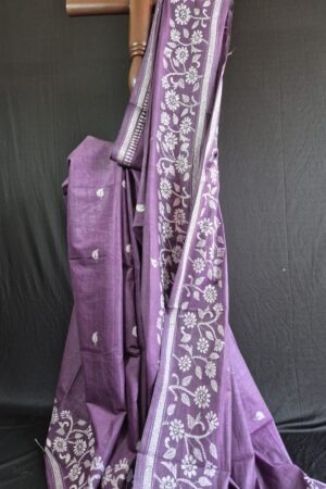 jamun colour dhonekhali tant saree with kantha stitch