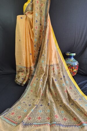 kantha stitch saree on peach dhonekhali tant