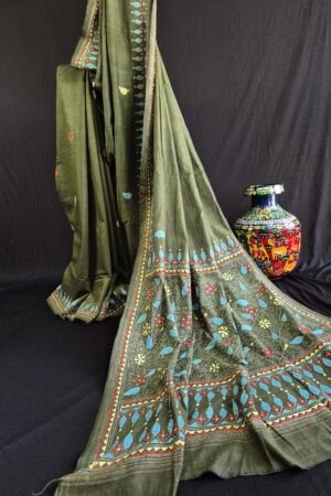 green dhonekhali cotton saree with kantha stitch
