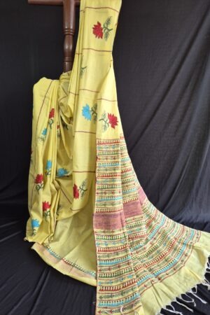 yellow khesh cotton saree with kantha stitch
