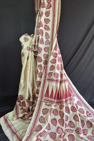 kantha stitch work on natural undyed pure tussar saree with silk mark